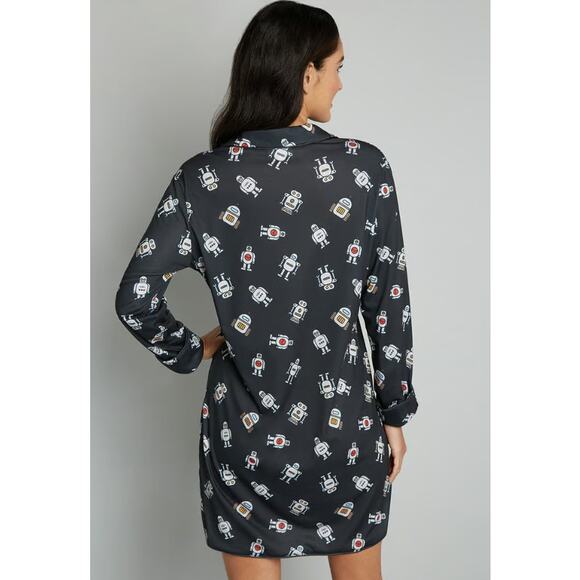 Modcloth x Breakfast for Dinner Long Sleeve Sleep Shirt Robot Print Womens Small - Picture 9 of 9
